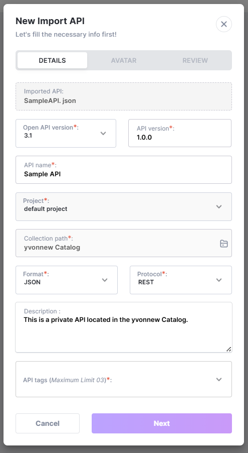 Imported API details dialog